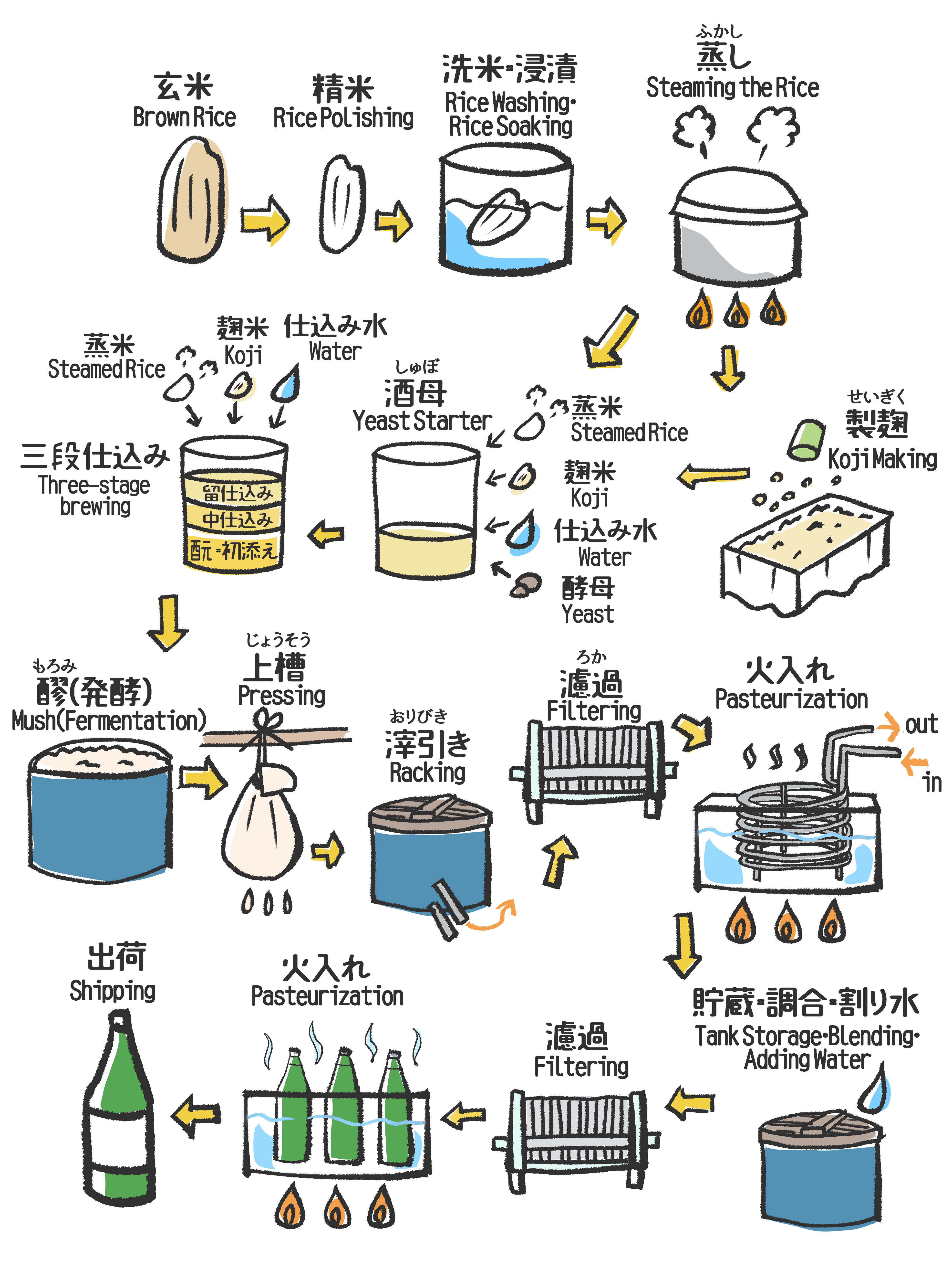 日本酒の製造工程イラスト二度火入れ瓶燗火入れ